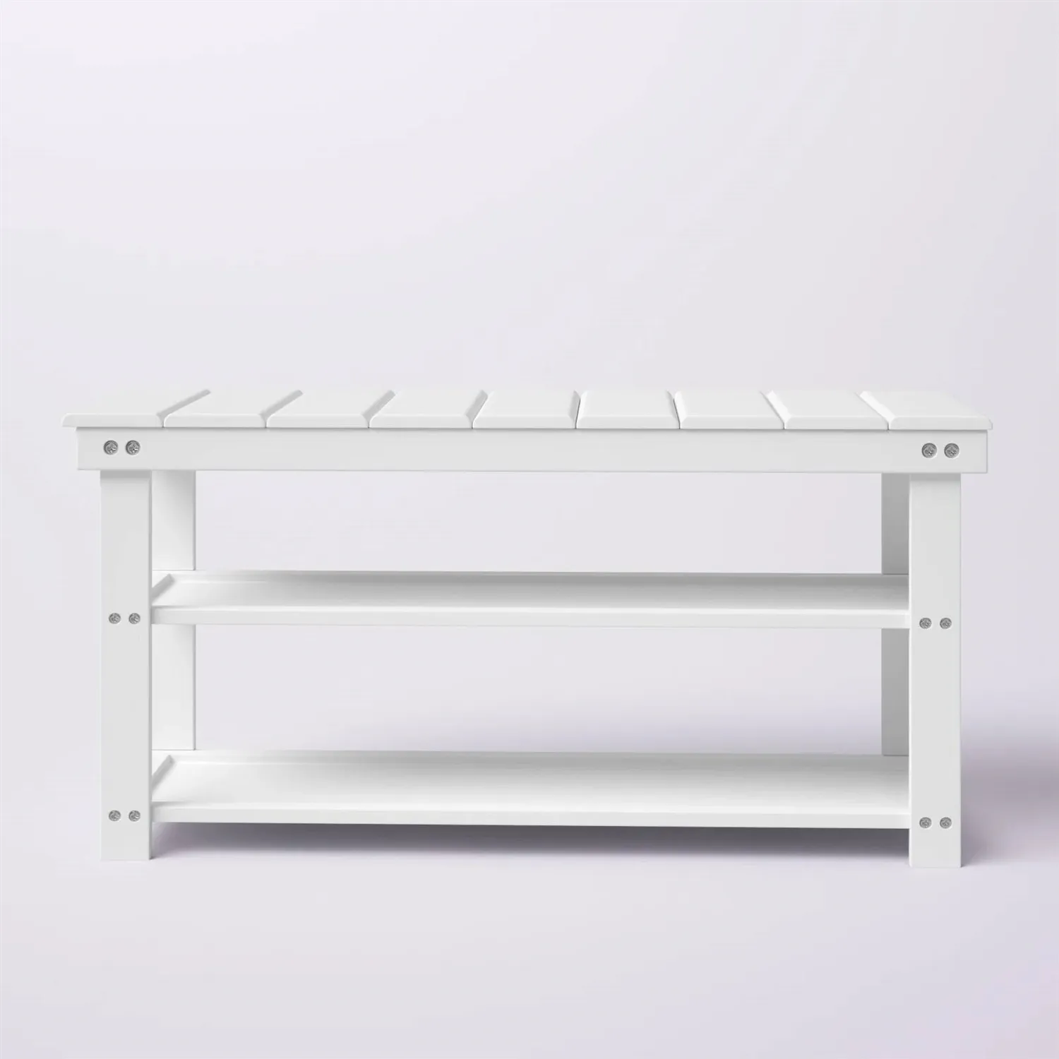QuikFurn White Slatted Wood 2-Shelf Shoe Rack Storage Bench For Entryway or Closet