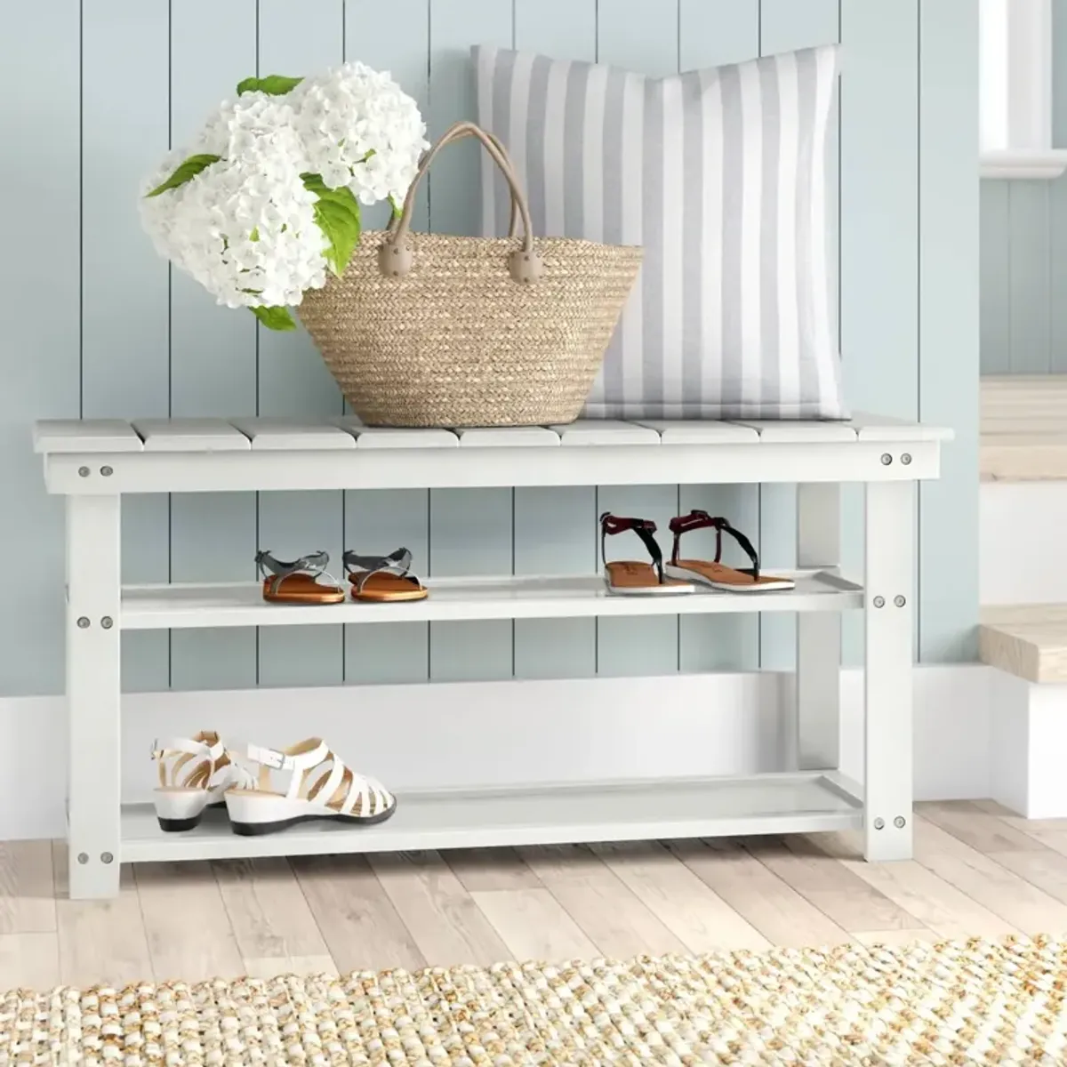 QuikFurn White Slatted Wood 2-Shelf Shoe Rack Storage Bench For Entryway or Closet