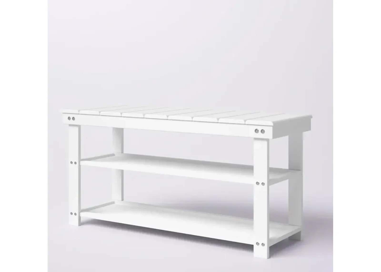 QuikFurn White Slatted Wood 2-Shelf Shoe Rack Storage Bench For Entryway or Closet