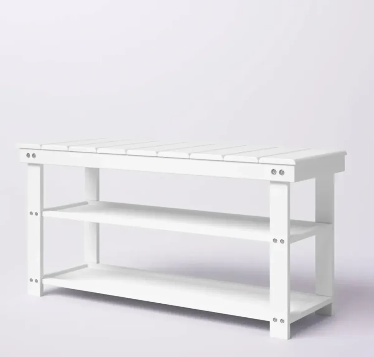 QuikFurn White Slatted Wood 2-Shelf Shoe Rack Storage Bench For Entryway or Closet