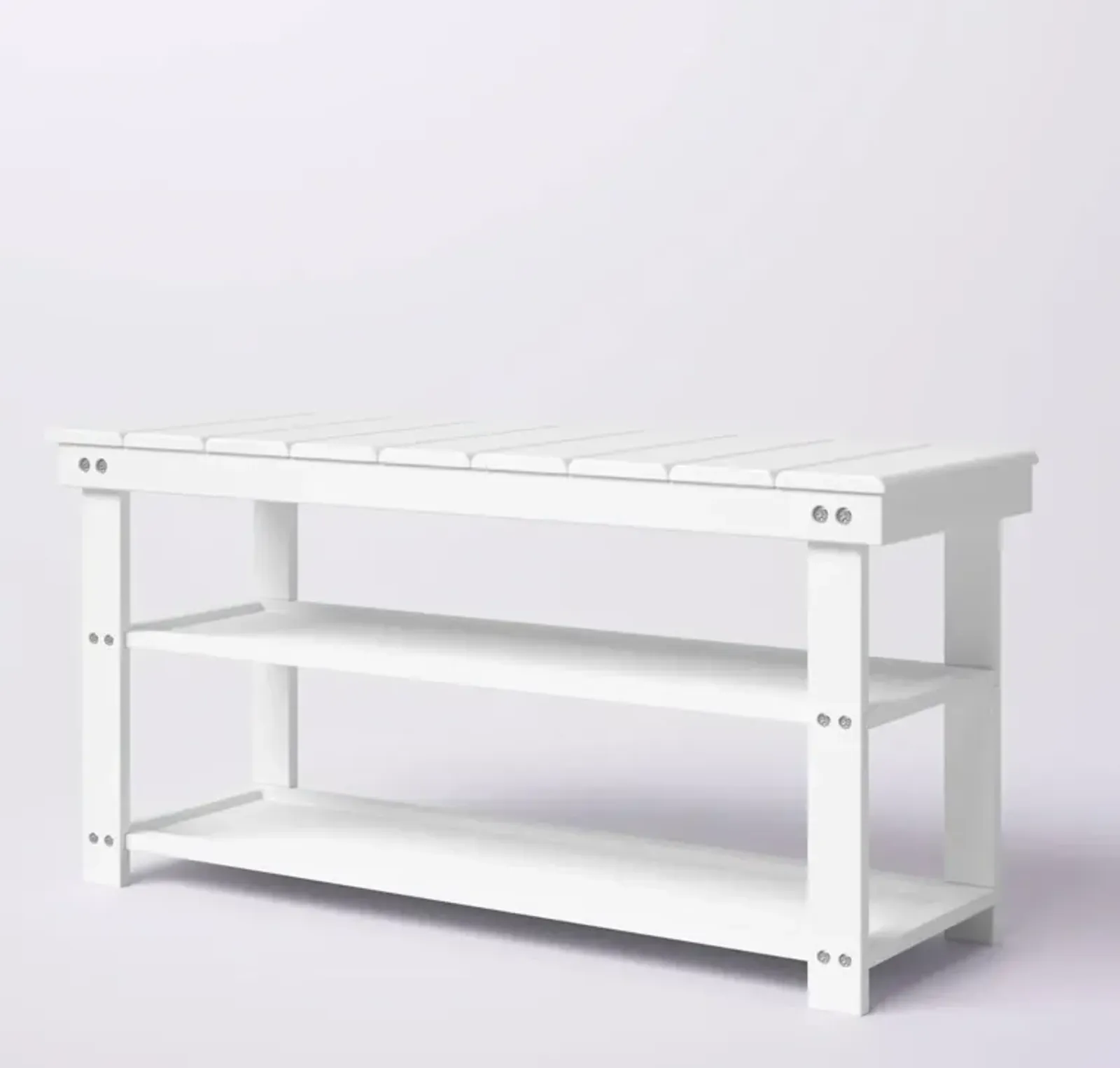 QuikFurn White Slatted Wood 2-Shelf Shoe Rack Storage Bench For Entryway or Closet