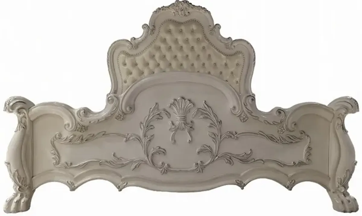 Ally King Bed, Classical White Faux Leather Victorian Carved Wood - Benzara