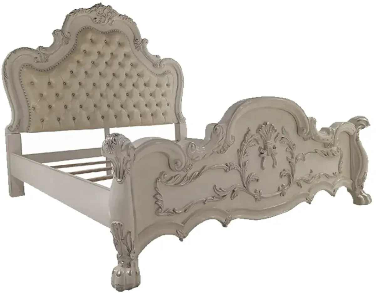Ally King Bed, Classical White Faux Leather Victorian Carved Wood - Benzara