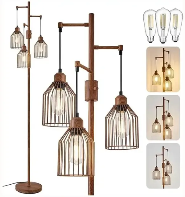 Farmhouse Floor Lamp – 68.5" Tall, Hanging Cage Design, Wood Finish