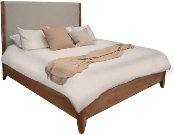 Neuv Queen Size Bed, Beige Upholstered Headboard, Brown Parota Wood - Benzara