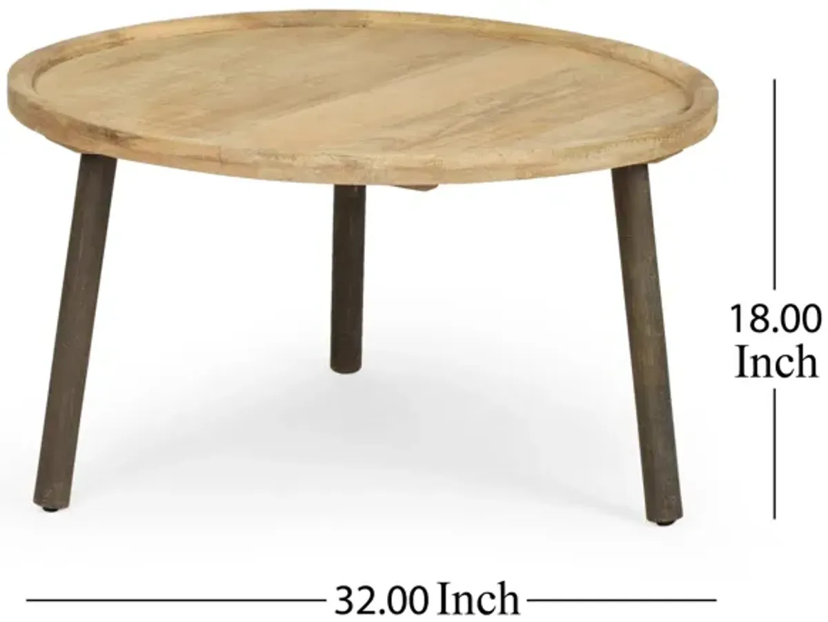 Coffee Table, 32 Inch Round Traylike Top, Natural Brown Mango Wood - Benzara