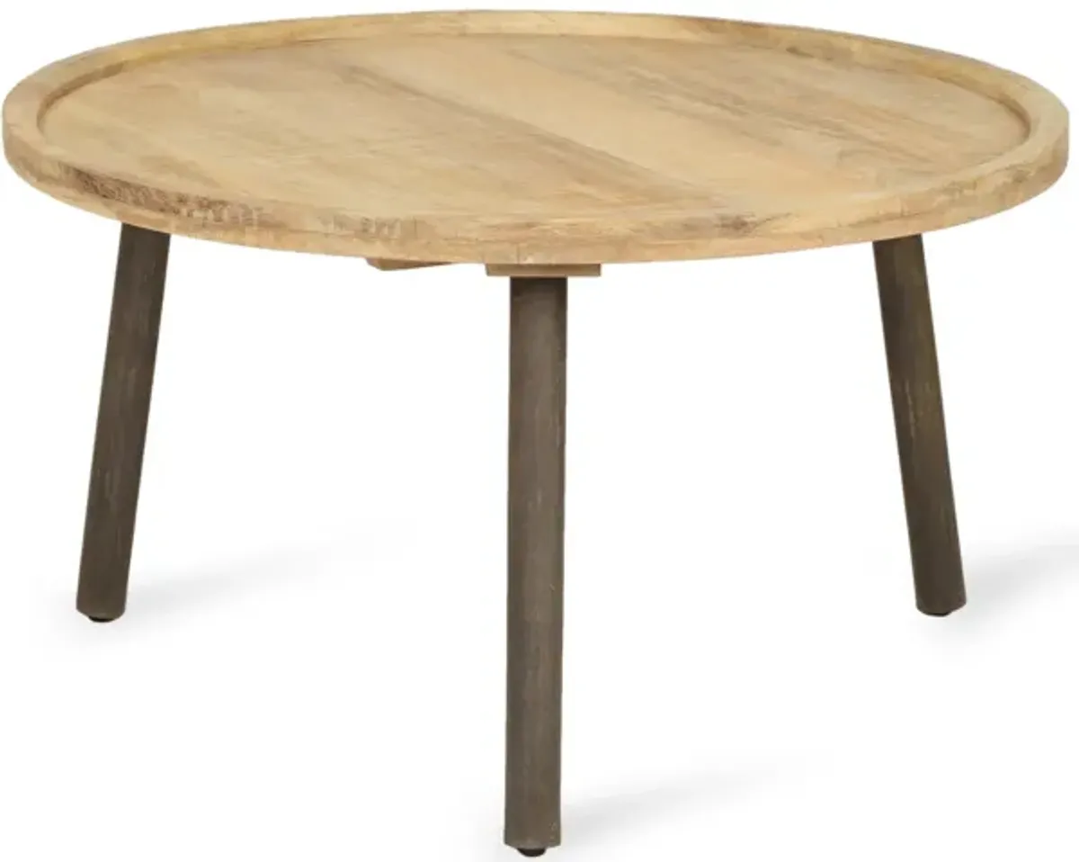 Coffee Table, 32 Inch Round Traylike Top, Natural Brown Mango Wood - Benzara