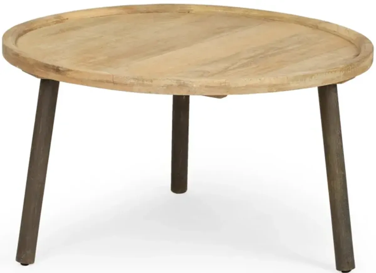 Coffee Table, 32 Inch Round Traylike Top, Natural Brown Mango Wood - Benzara