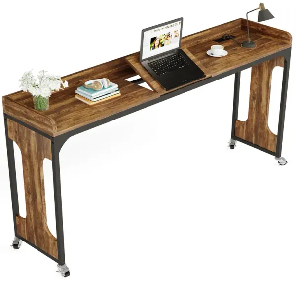 Tribesigns Overbed Table with Wheels, 71" Queen Size Bed Table with Adjustable Tilt Board, Mobile Laptop Cart with Outlets & USB Ports