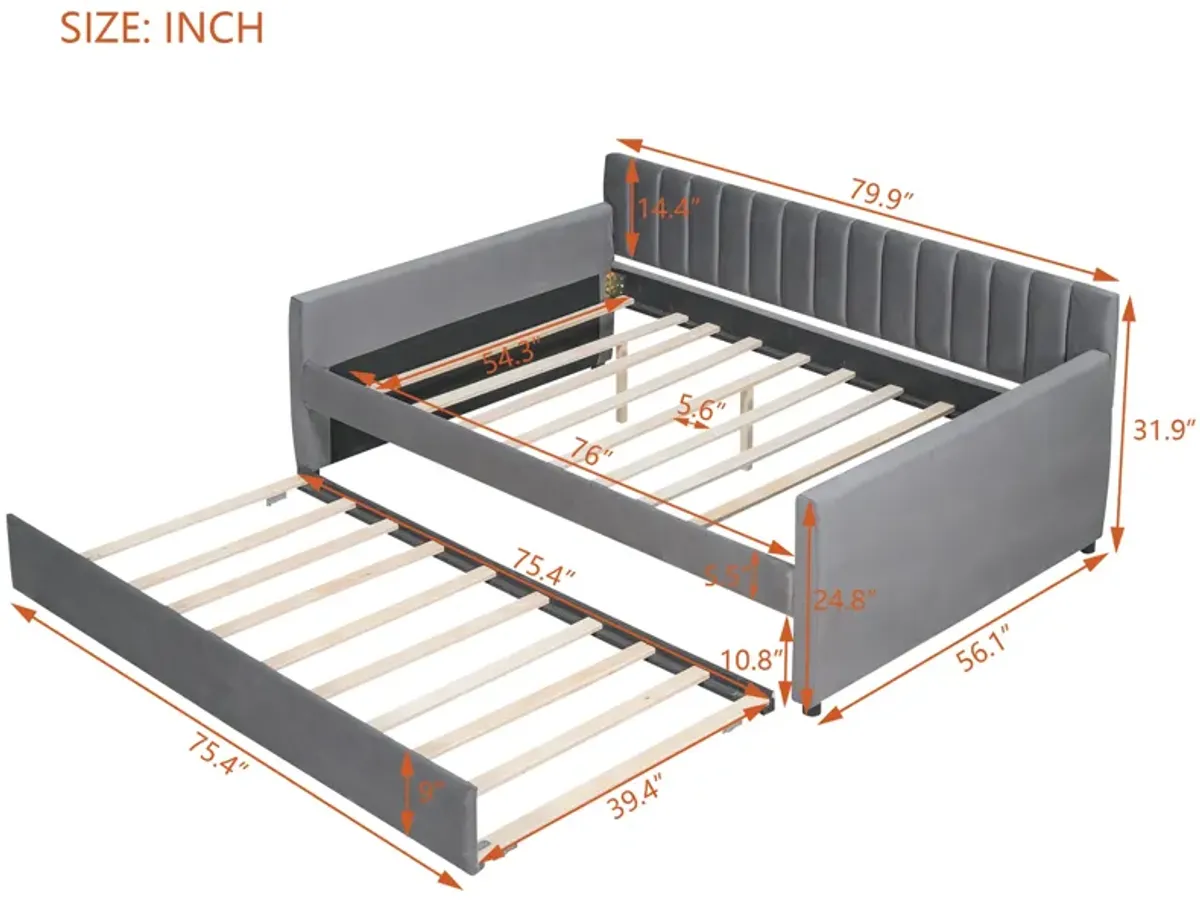 Upholstered Daybed with Trundle and Wood Slat Support