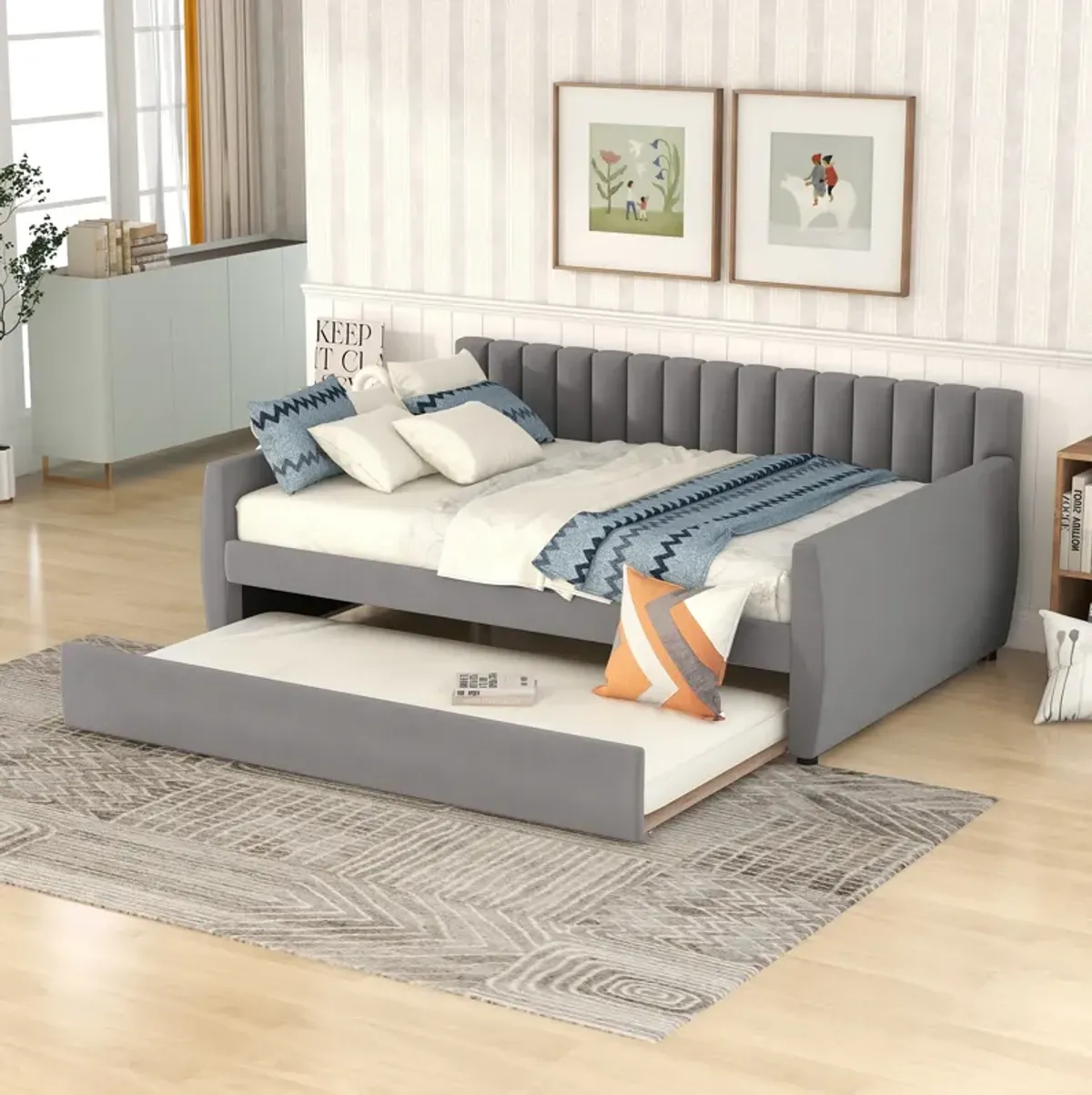 Upholstered Daybed with Trundle and Wood Slat Support