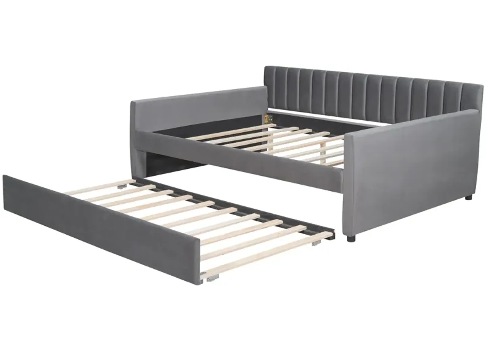 Upholstered Daybed with Trundle and Wood Slat Support