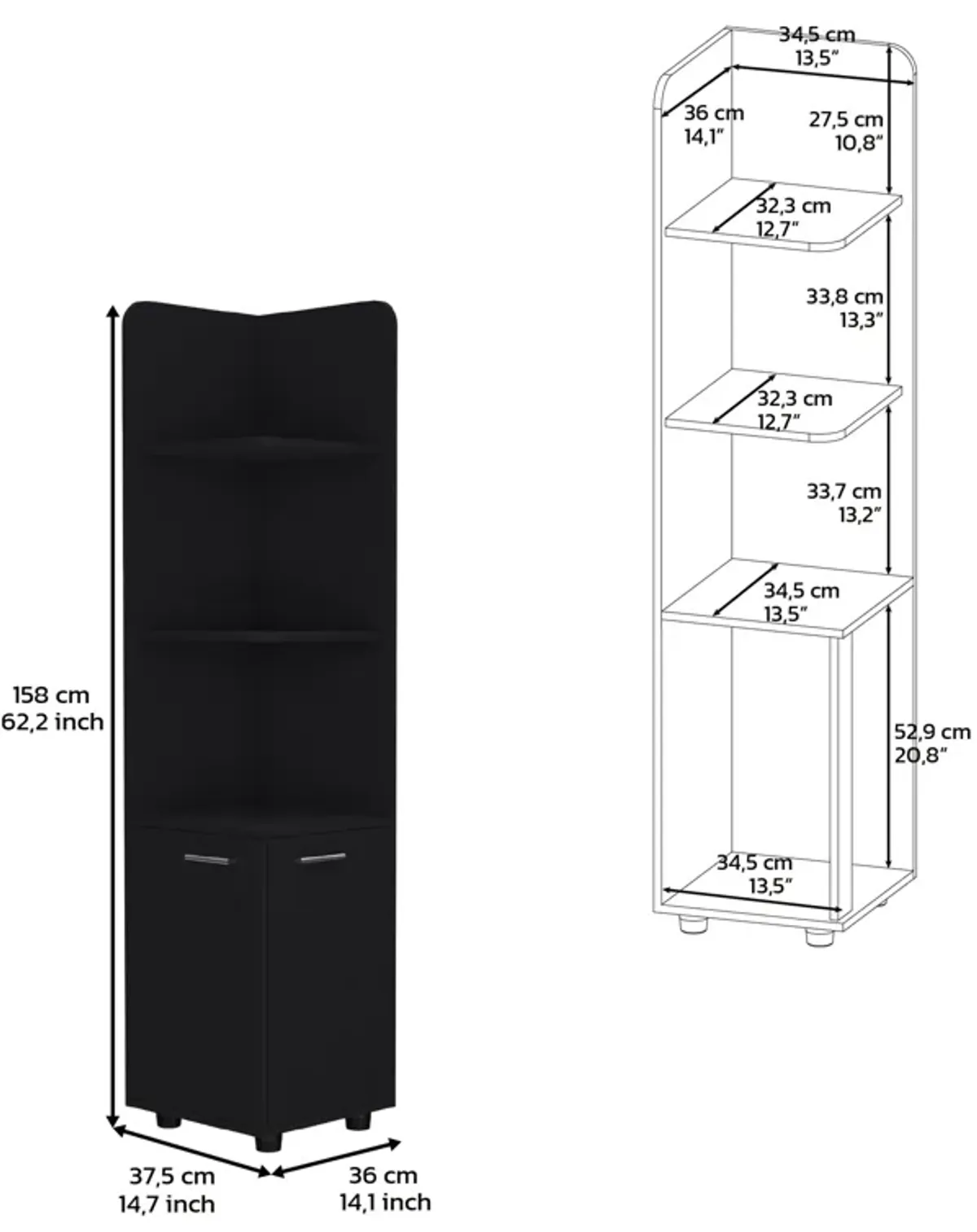 Vestal Tall Corner Cabinet with 3-Tier Shelf and 2-Door, Black -Bathroom