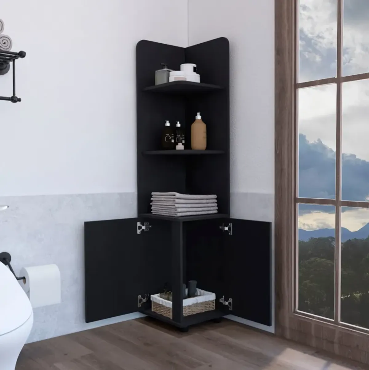 Vestal Tall Corner Cabinet with 3-Tier Shelf and 2-Door, Black -Bathroom