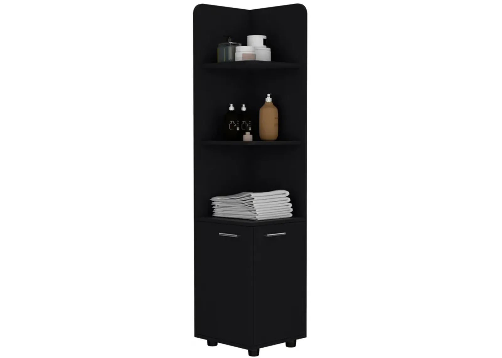 Vestal Tall Corner Cabinet with 3-Tier Shelf and 2-Door, Black -Bathroom