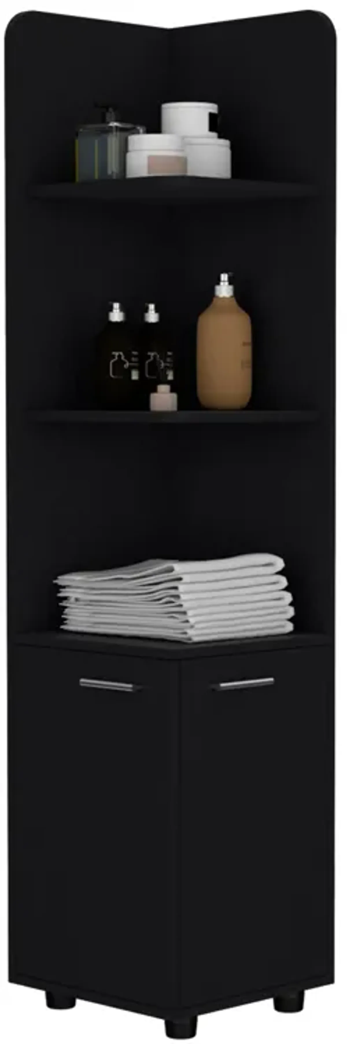 Vestal Tall Corner Cabinet with 3-Tier Shelf and 2-Door, Black -Bathroom