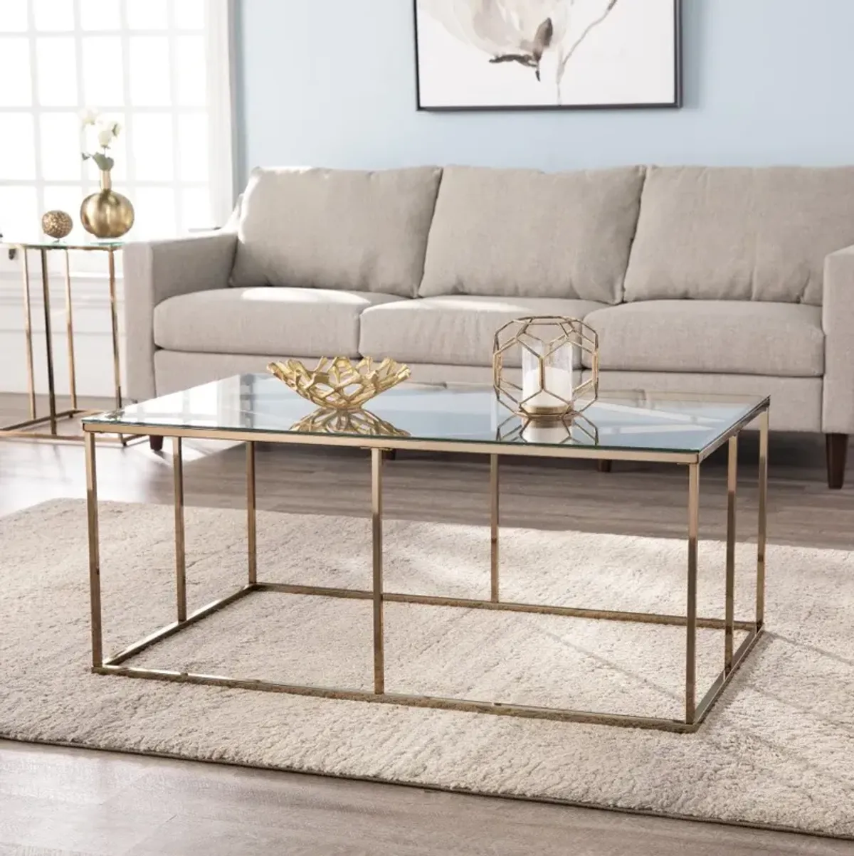 Hivvago 42" Champagne Glass And Metal Geometric Coffee Table