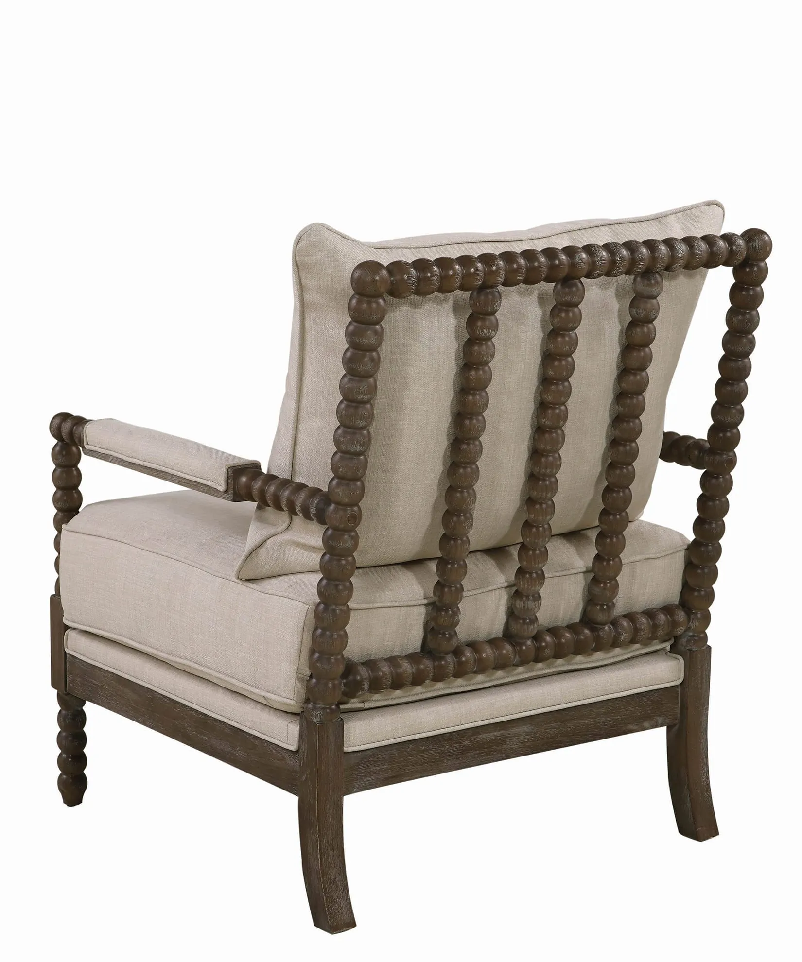 Cushioned Back Fabric Upholstered Spindle Accent Chair, Beige and Brown-Benzara