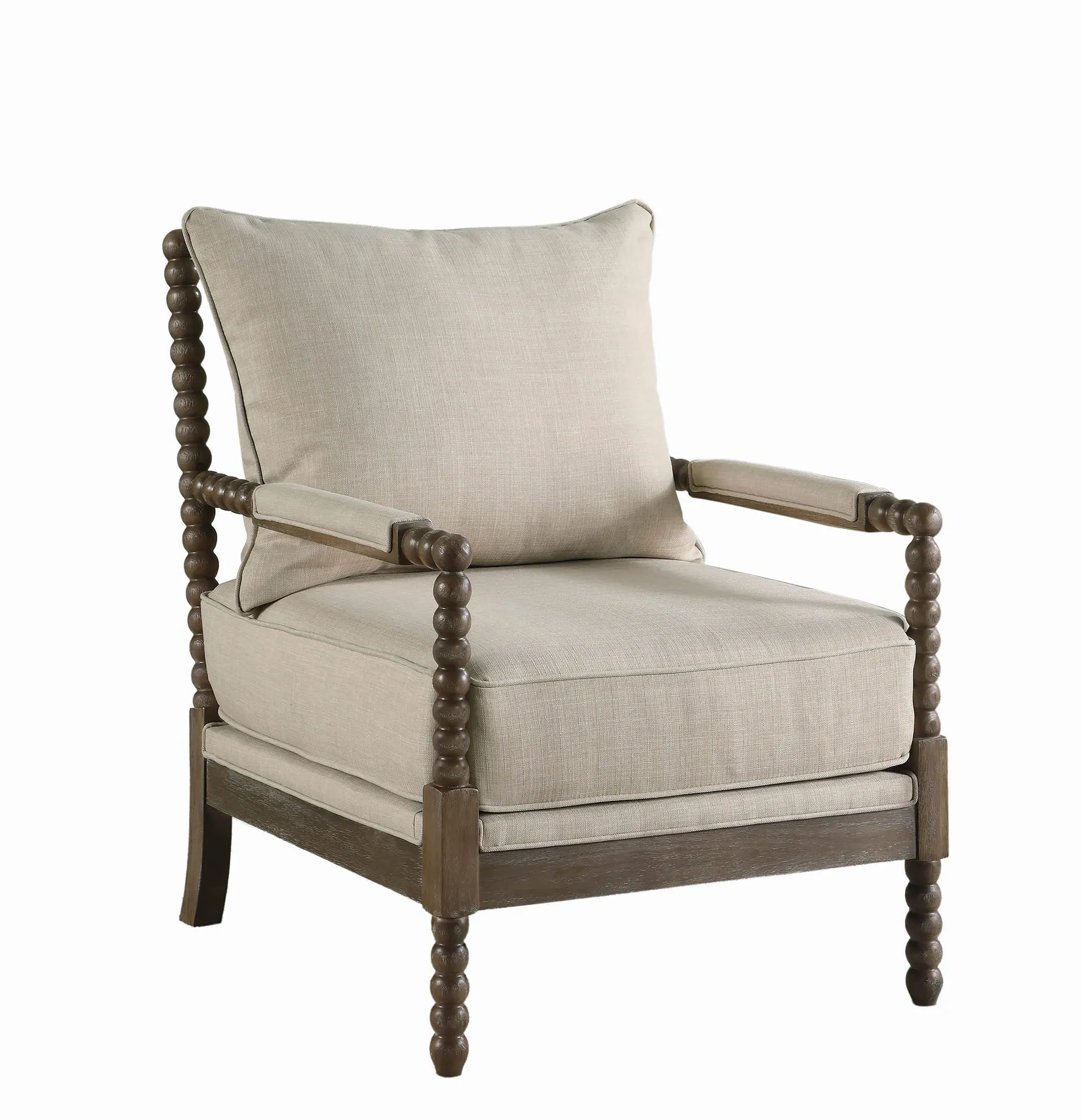 Cushioned Back Fabric Upholstered Spindle Accent Chair, Beige and Brown-Benzara