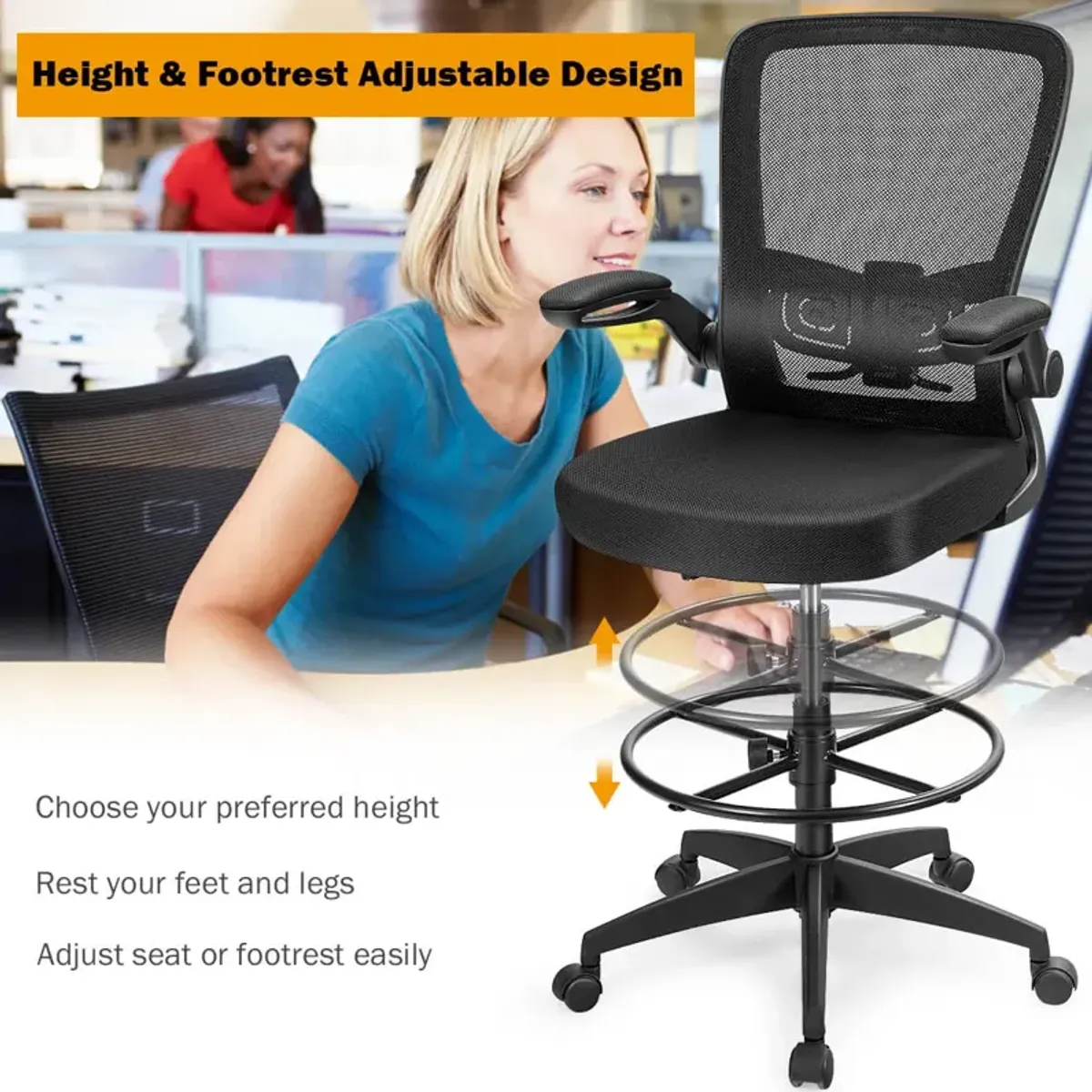 Costway Tall Office Chair Adjustable Height w/Lumbar Support Flip Up Arms