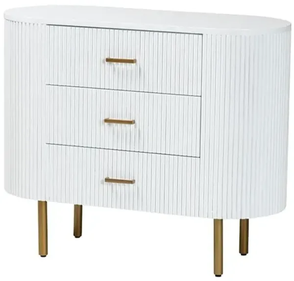 bali & pari Beyla Mid-Century White Fluted Wood and Gold Metal 3-Drawer Dresser