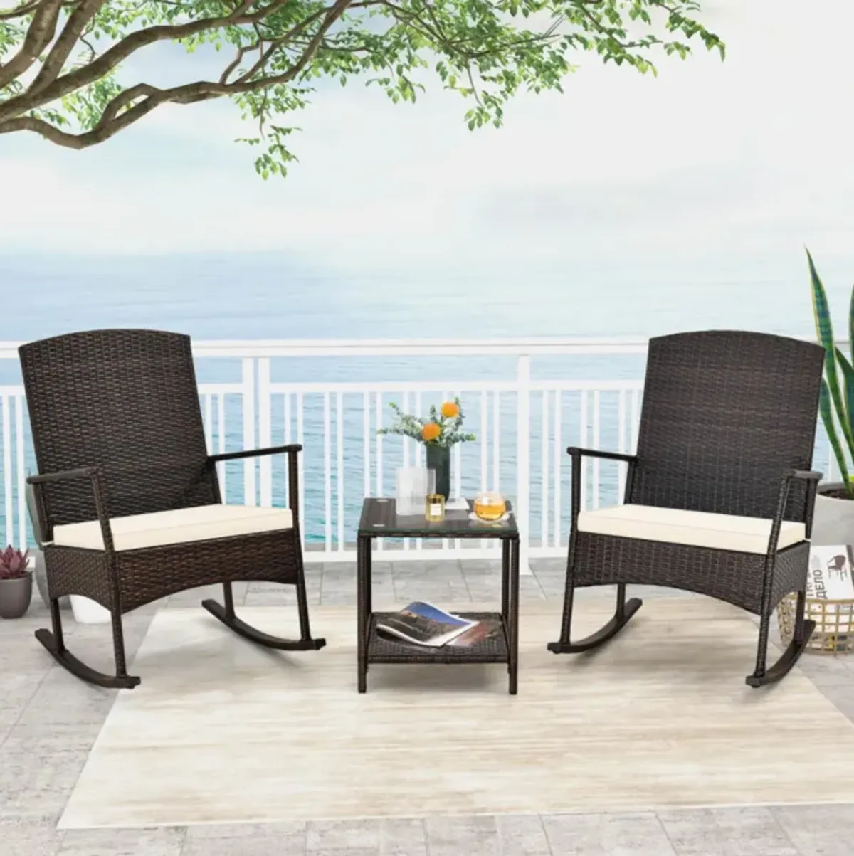 Hivvago 3 Piece Patio Rocking Set Wicker Rocking Chairs with 2-Tier Coffee Table