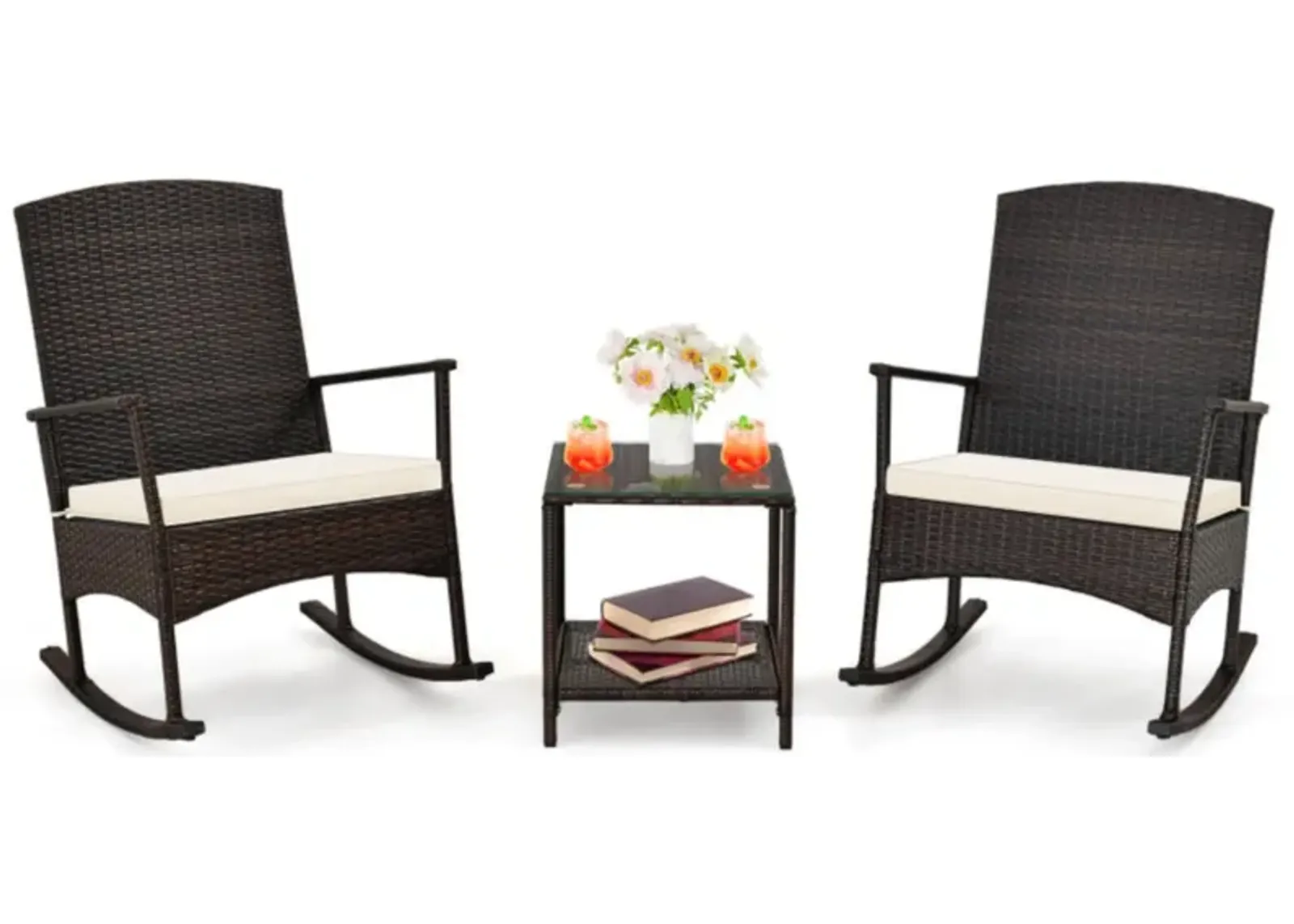 Hivvago 3 Piece Patio Rocking Set Wicker Rocking Chairs with 2-Tier Coffee Table