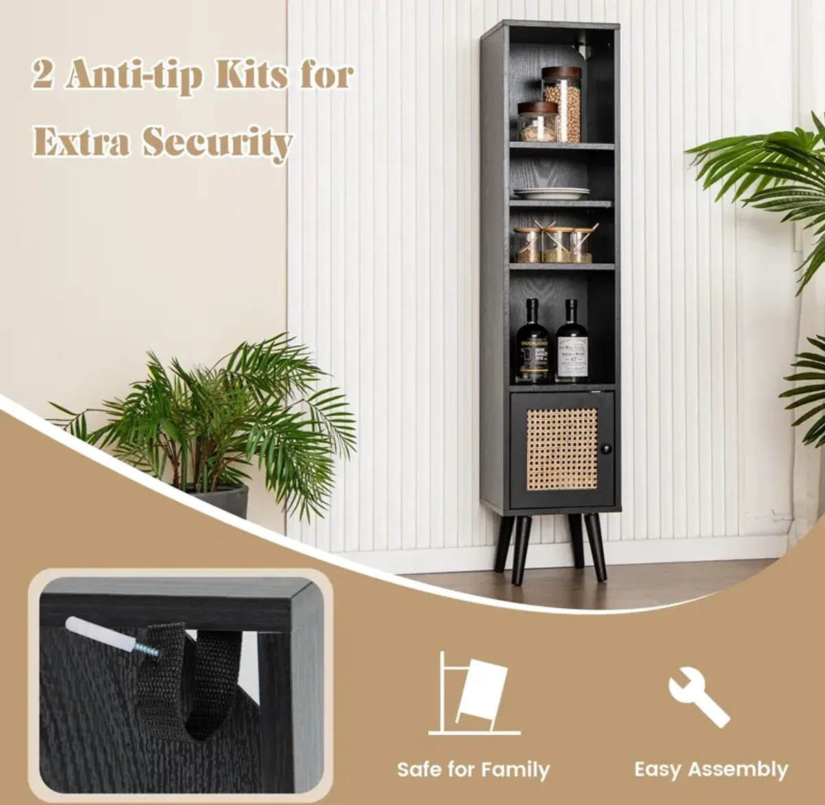 4 Tiers Rattan Storage Cabinet with Slim Design