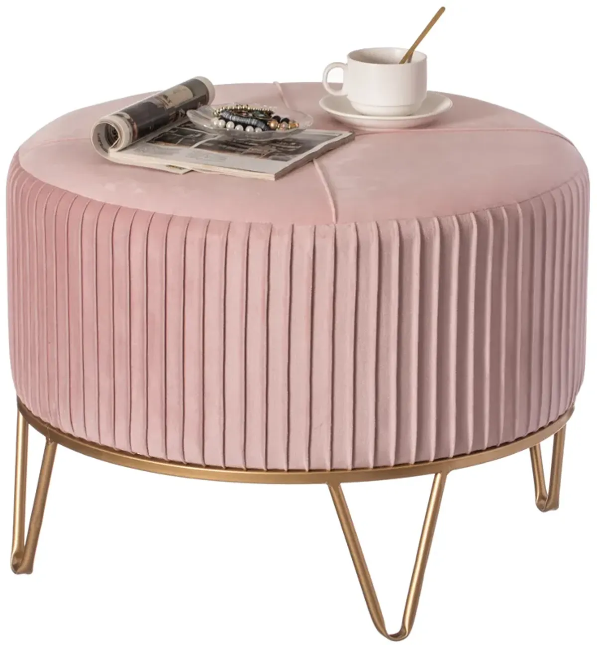 Round Velvet Ottoman Stool Raised with Hairpin Gold Base, Pink, Large