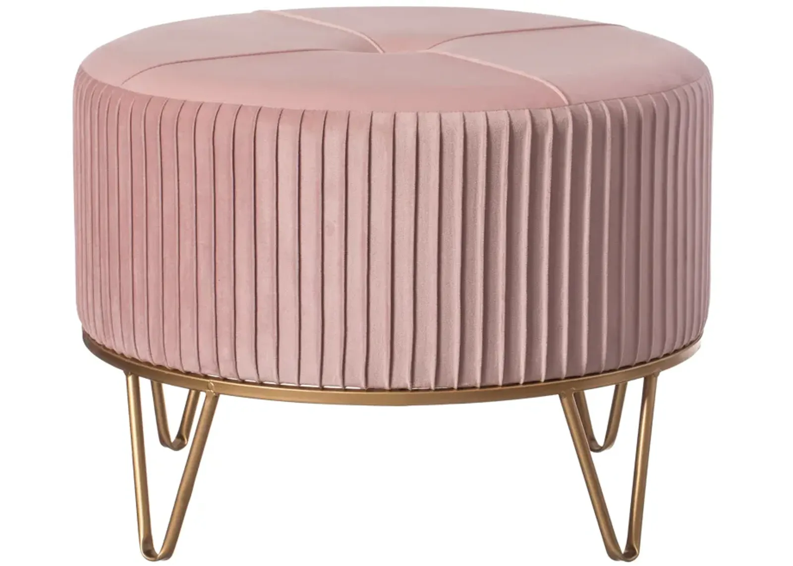 Round Velvet Ottoman Stool Raised with Hairpin Gold Base, Pink, Large