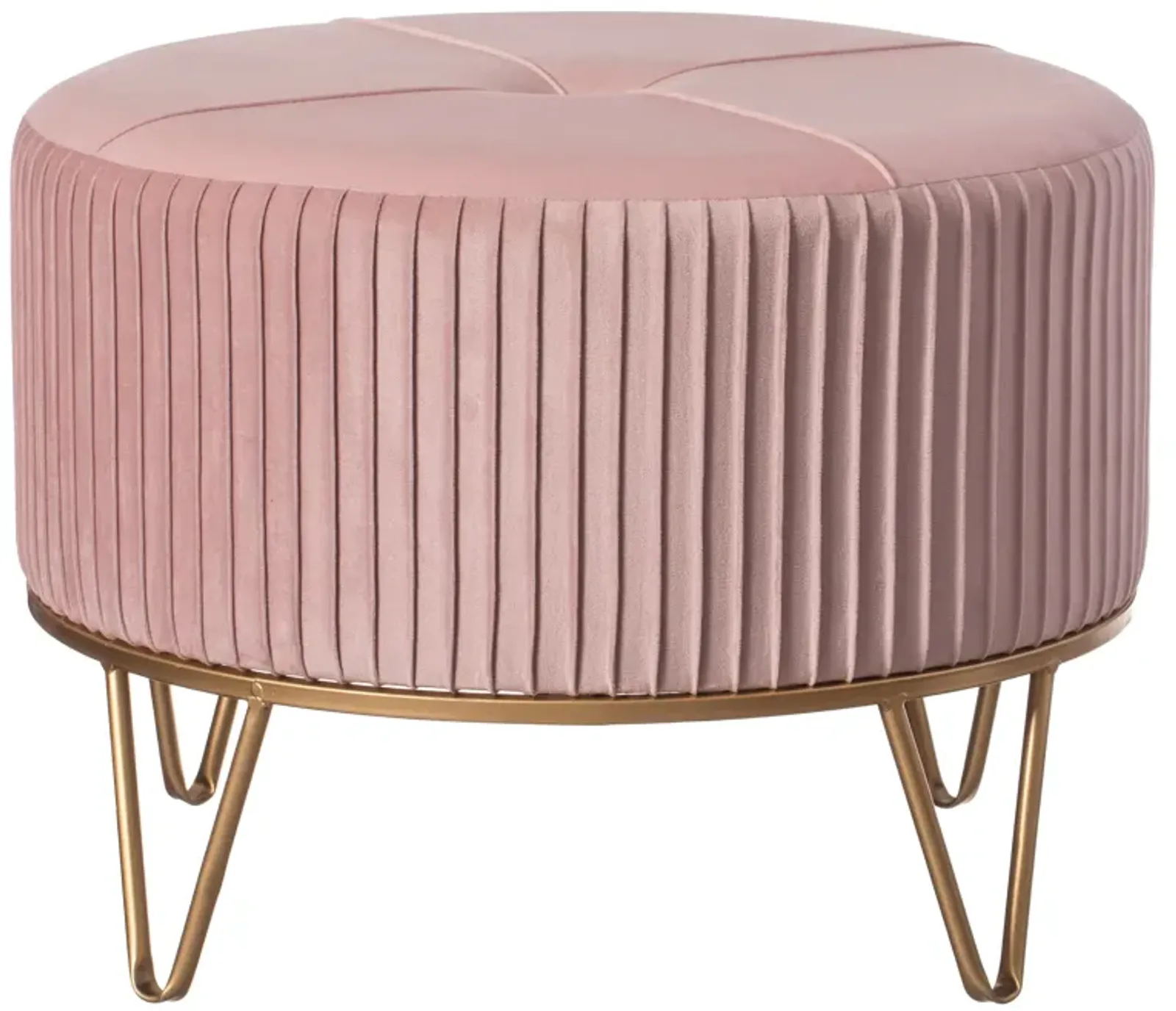 Round Velvet Ottoman Stool Raised with Hairpin Gold Base, Pink, Large