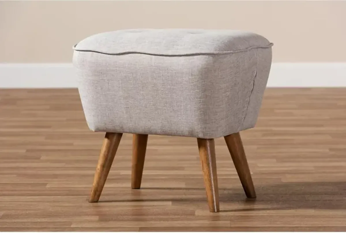 Greyish Beige Fabric Upholstered Walnut Brown Finished Wood Ottoman