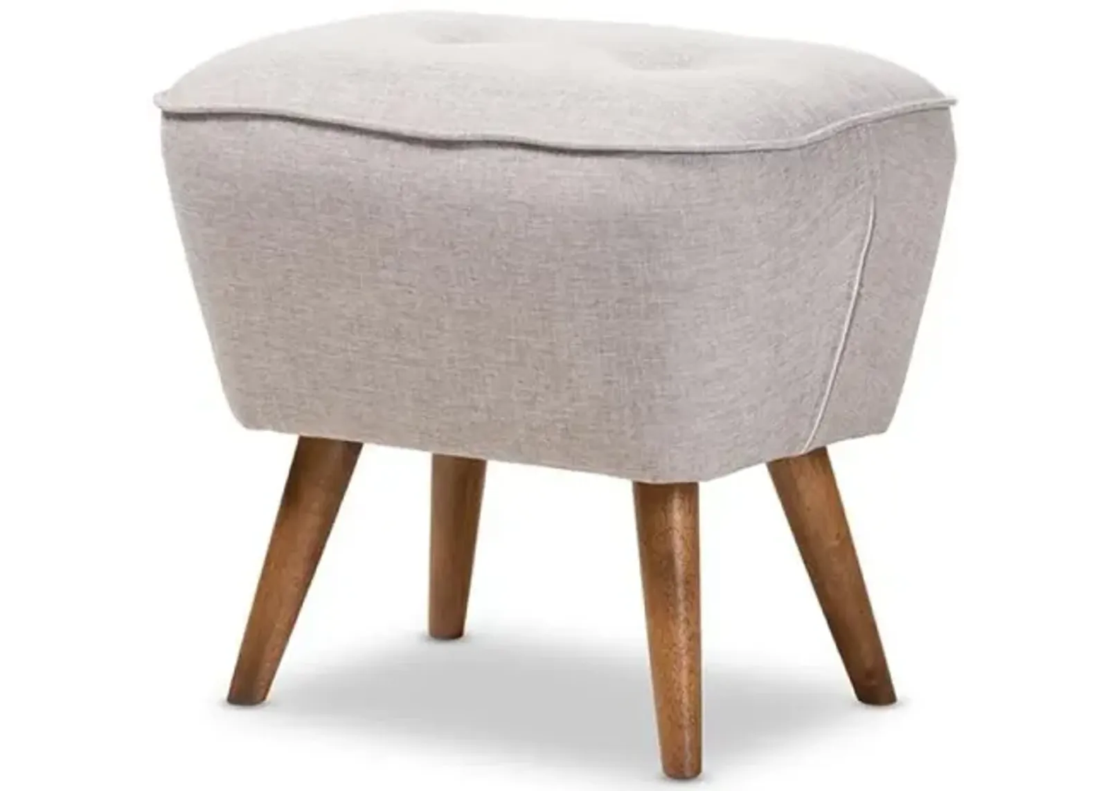 Greyish Beige Fabric Upholstered Walnut Brown Finished Wood Ottoman