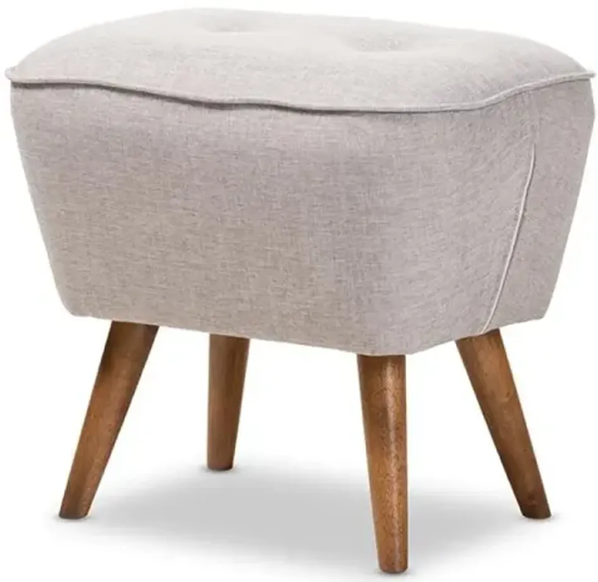 Greyish Beige Fabric Upholstered Walnut Brown Finished Wood Ottoman