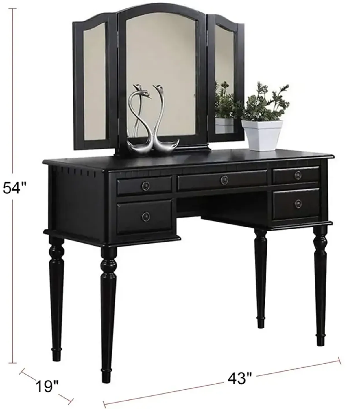 Bedroom Contemporary Vanity Set W Foldable Mirror Stool Drawers Black Color