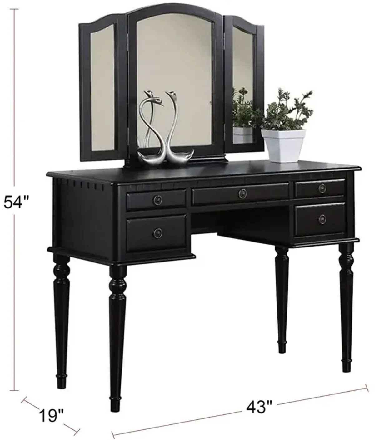 Bedroom Contemporary Vanity Set W Foldable Mirror Stool Drawers Black Color