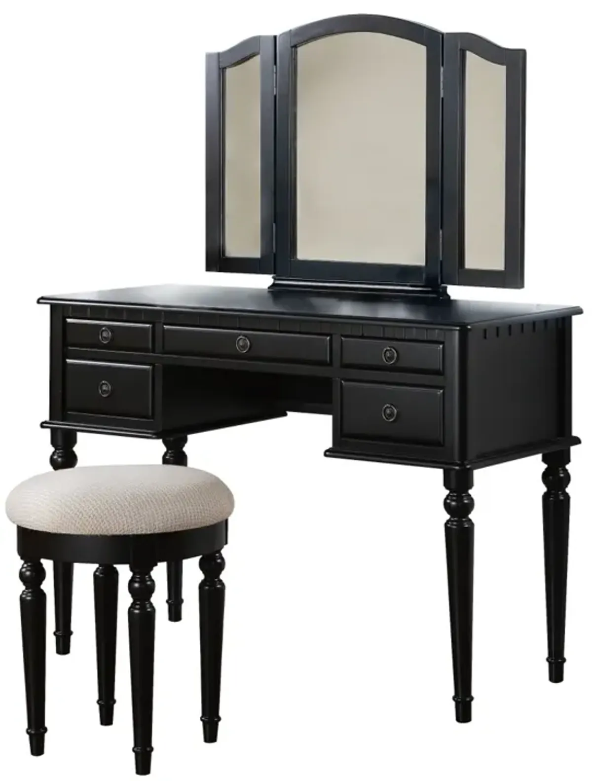 Bedroom Contemporary Vanity Set W Foldable Mirror Stool Drawers Black Color