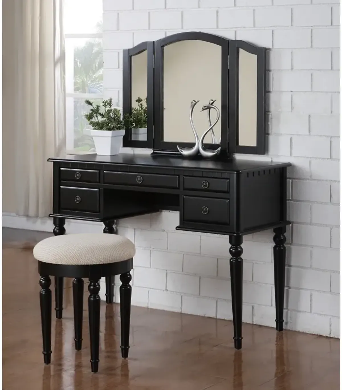 Bedroom Contemporary Vanity Set W Foldable Mirror Stool Drawers Black Color