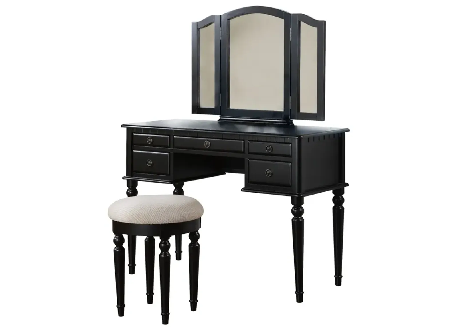 Bedroom Contemporary Vanity Set W Foldable Mirror Stool Drawers Black Color