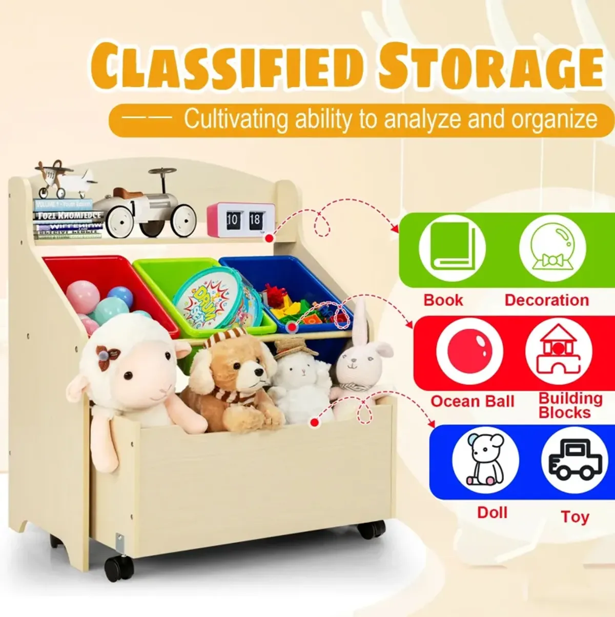 Children’s Rolling Toy Storage Unit with Wooden Frame and Plastic Bins