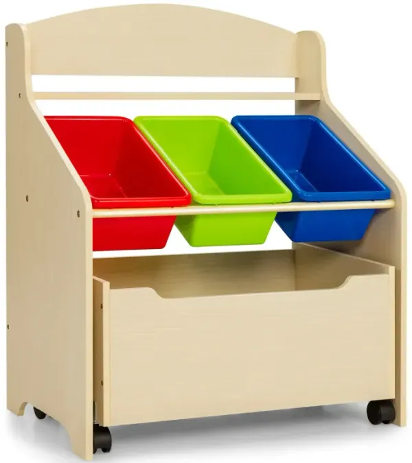 Children’s Rolling Toy Storage Unit with Wooden Frame and Plastic Bins