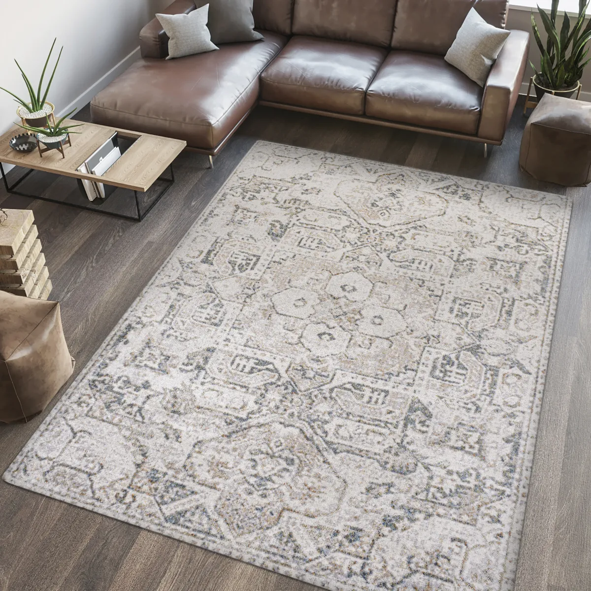 Edith Distressed Medallion Low-Pile Machine-Washable Cream/Light Gray Rug