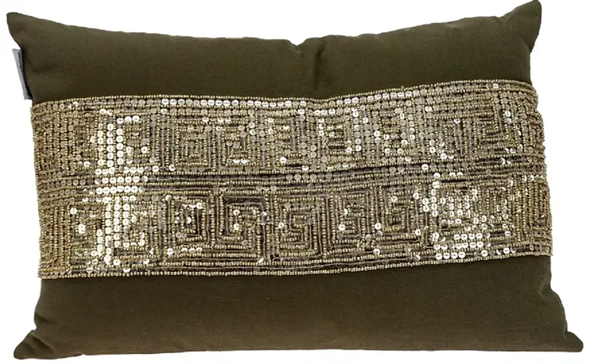 20" Green and Gold Contemporary Embroidered Throw Pillow