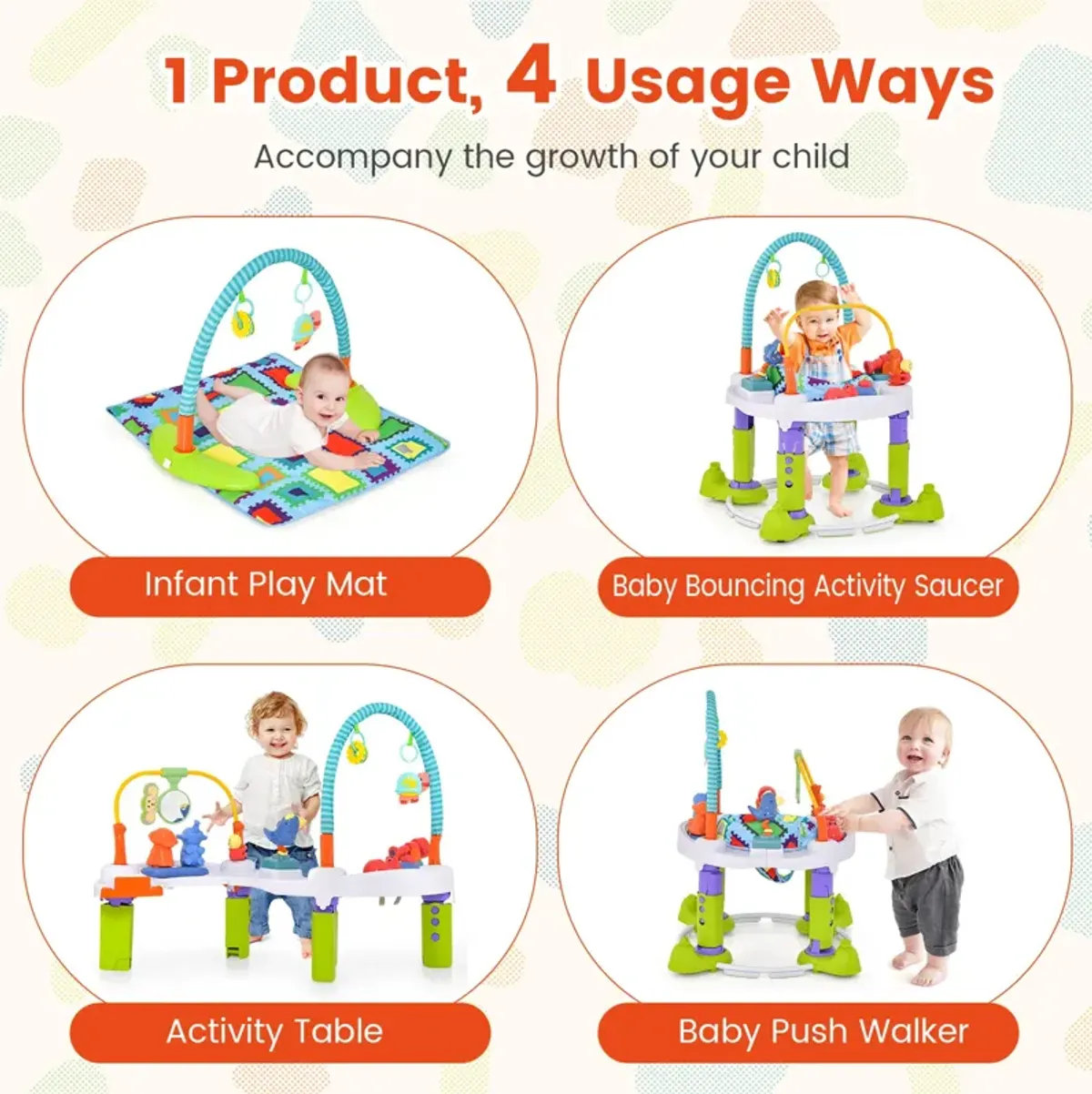 4-in-1 Baby Bouncer Activity Center with 3 Adjustable Heights-Green