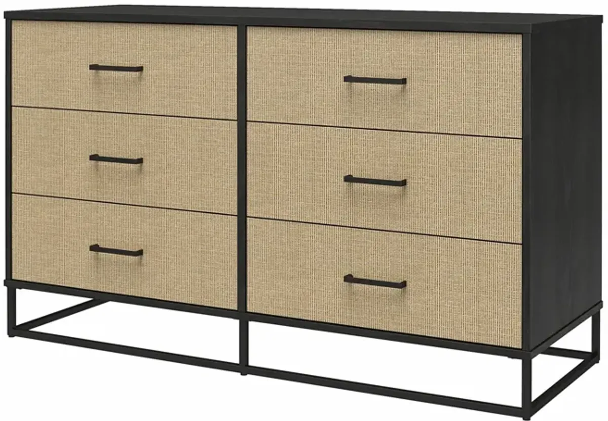 Novogratz Kelly 6 Drawer Dresser, Faux Rattan & Black Oak