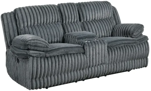 Rexy Manual Dual Recliner Loveseat, Console Dark Gray Corduroy 85 Inch - Benzara