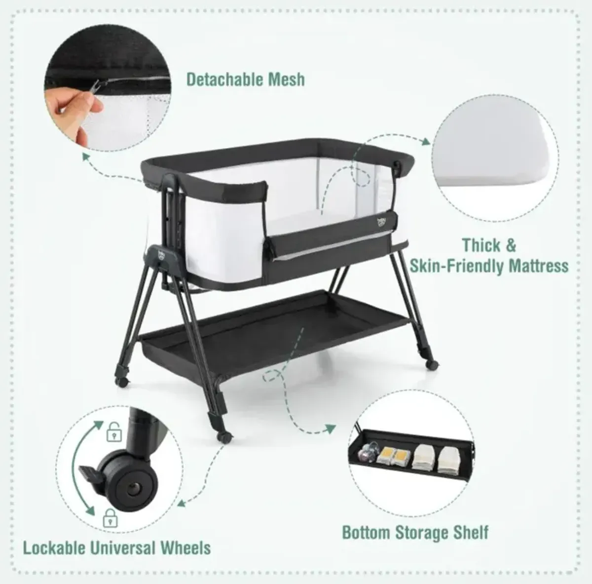 Hivvago Portable Bedside Sleeper for Baby with 7 Adjustable Heights