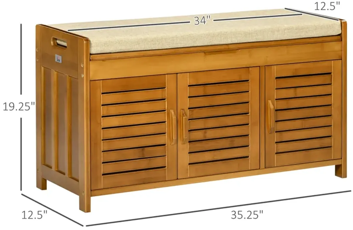 Brown Entryway Storage: Bamboo Shoe Bench with Cushion & Cabinets