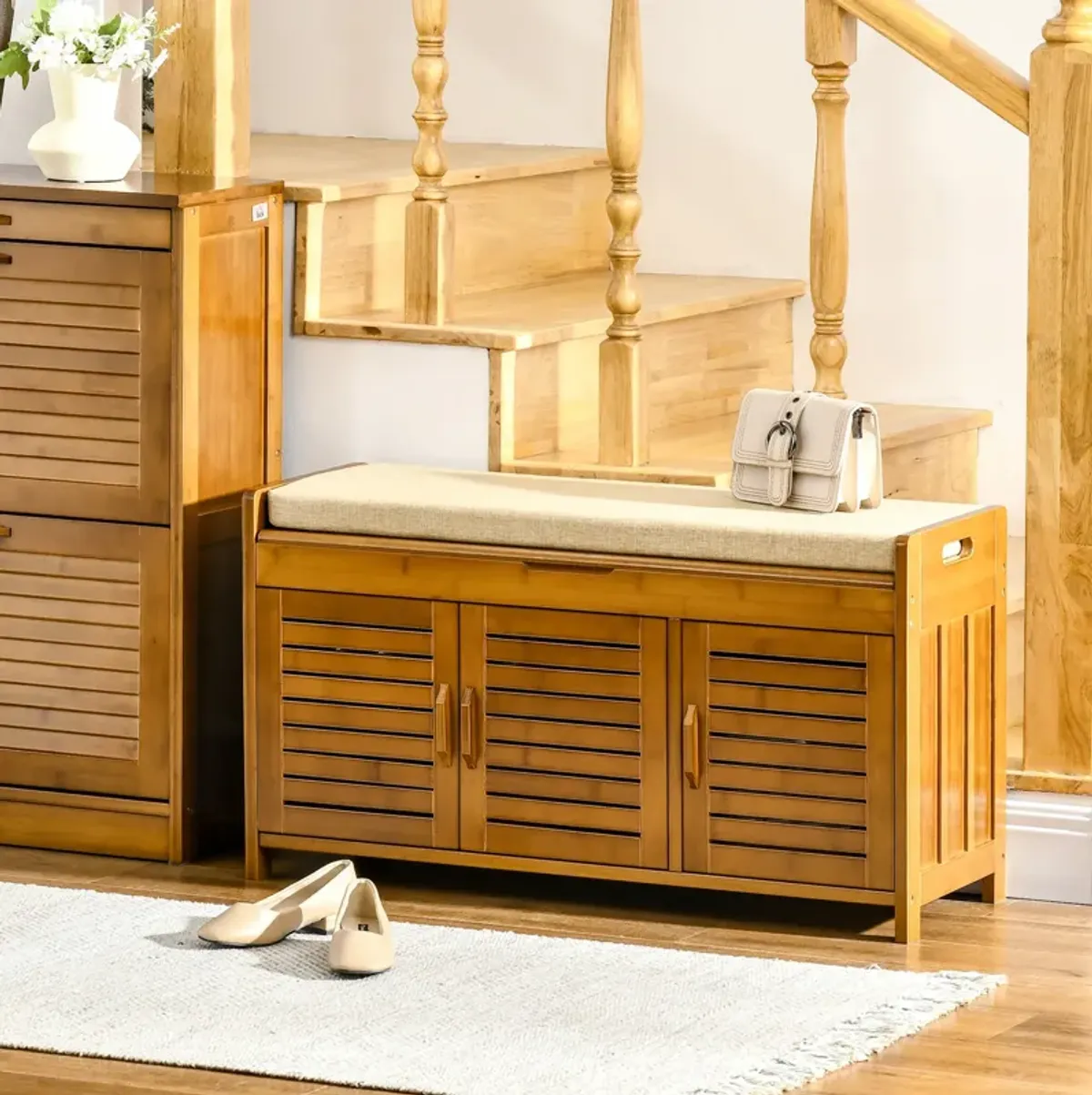 Brown Entryway Storage: Bamboo Shoe Bench with Cushion & Cabinets