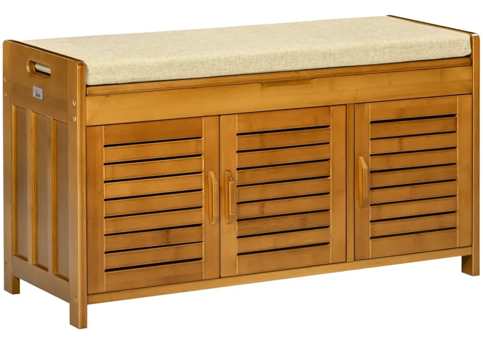 Brown Entryway Storage: Bamboo Shoe Bench with Cushion & Cabinets